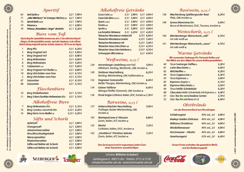 Lochmühle Getränkekarte